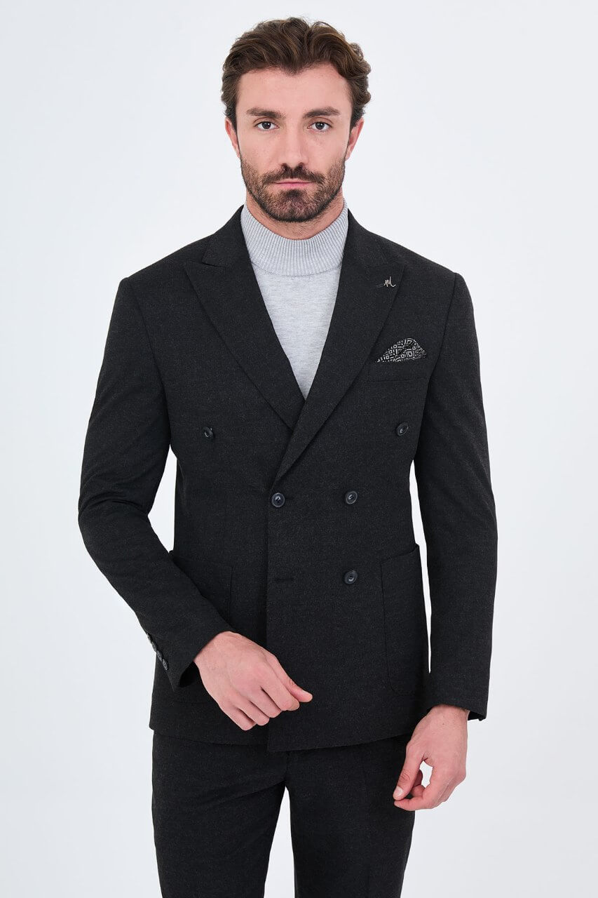 HolloMen men's black double-breasted two-piece suit featuring notch lapels, a six-button front, and a patterned pocket square.