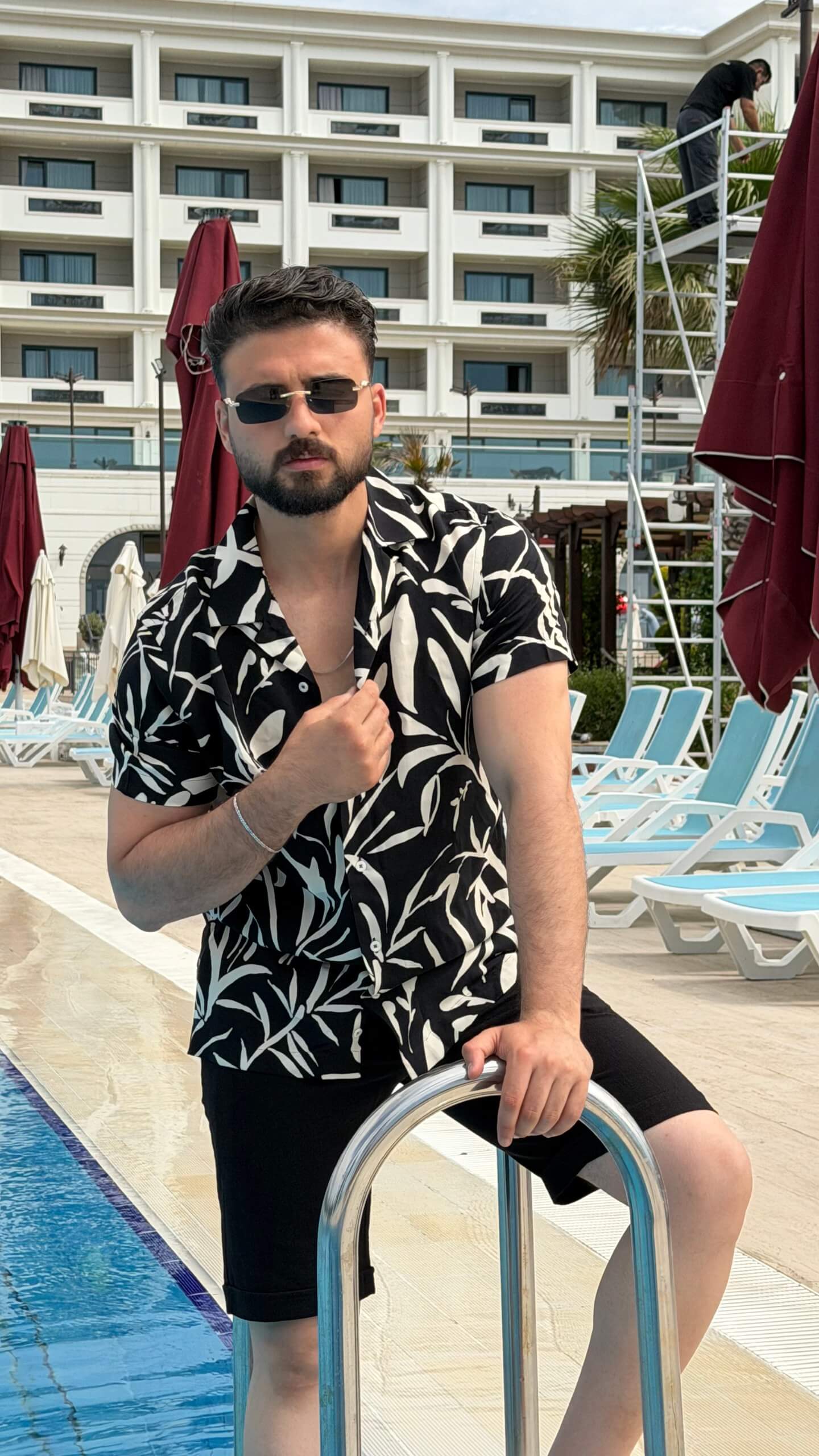 Men’s black beige floral print short sleeve shirt with lightweight viscose fabric, button-front design, and stylish summer casual look.