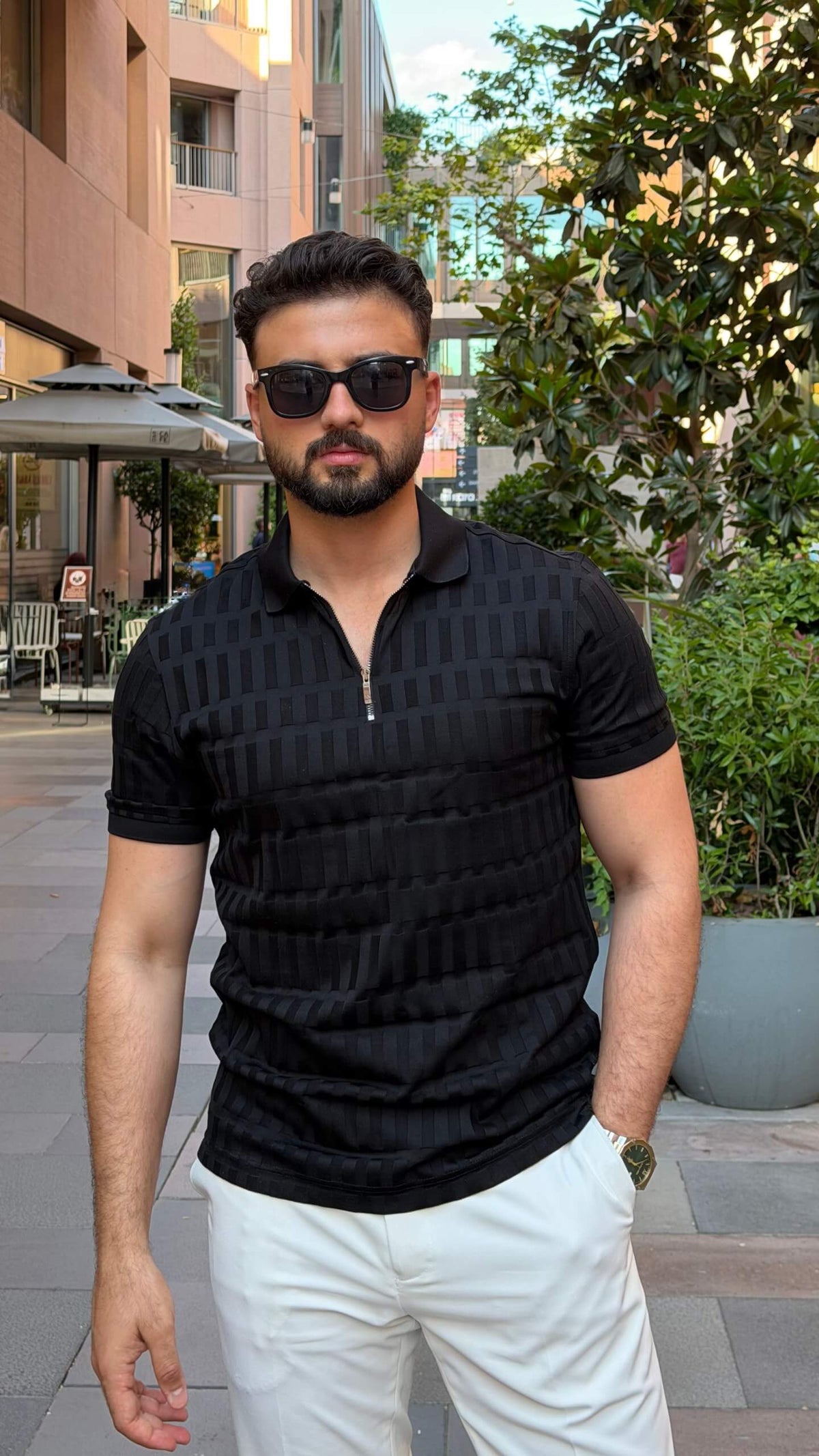 Men’s black textured pure cotton polo shirt with modern smart-casual style