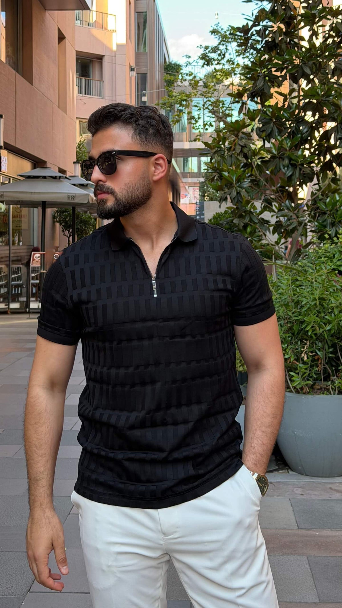 Men’s black textured pure cotton polo shirt with modern smart-casual style