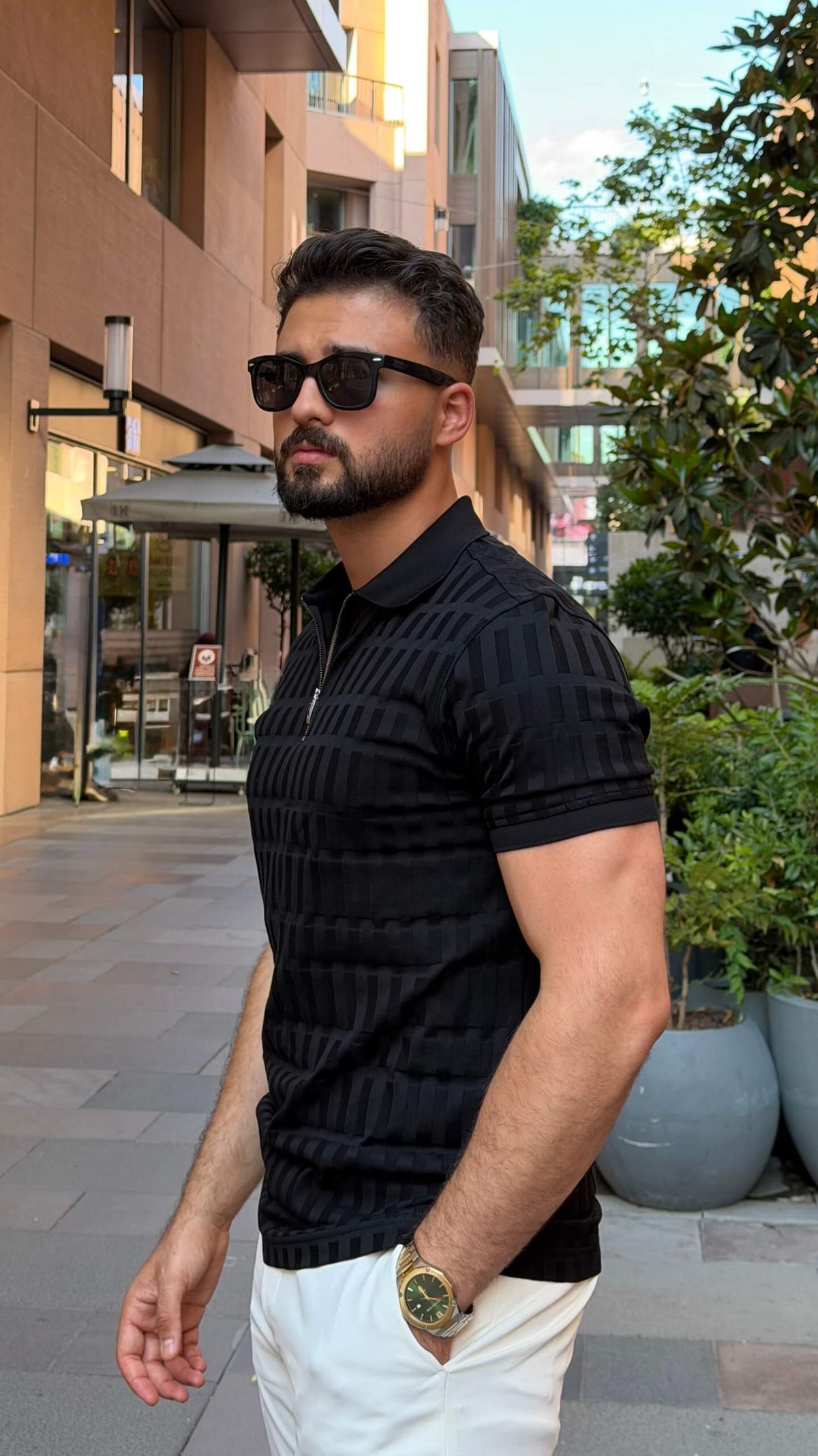 Men’s black textured pure cotton polo shirt with modern smart-casual style