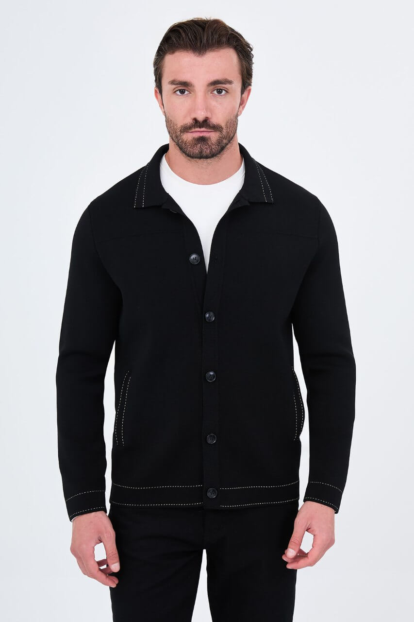 Men’s black cotton blend knit button-up cardigan with collar styled for fall winter fashion