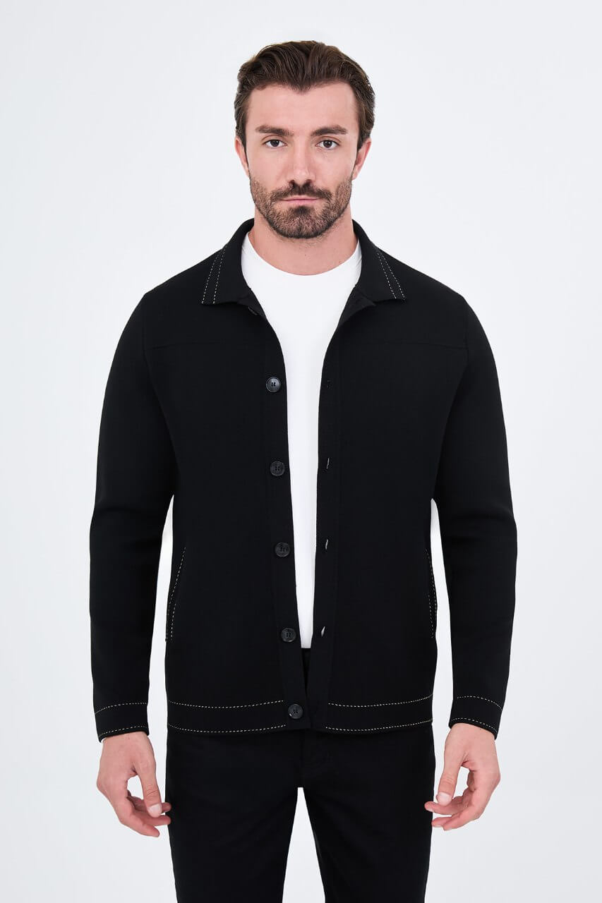 Men’s black cotton blend knit button-up cardigan with collar styled for fall winter fashion