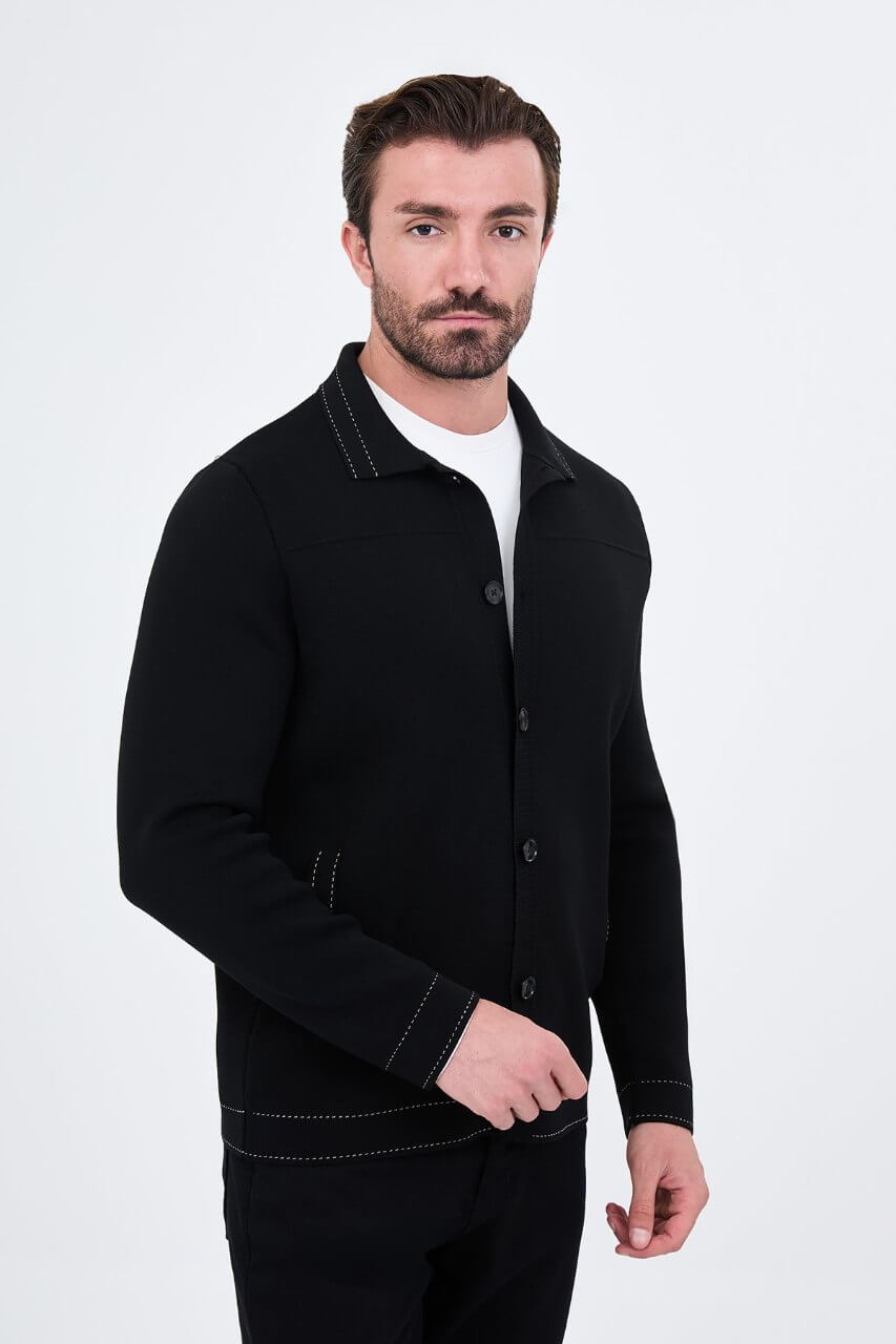 Men’s black cotton blend knit button-up cardigan with collar styled for fall winter fashion