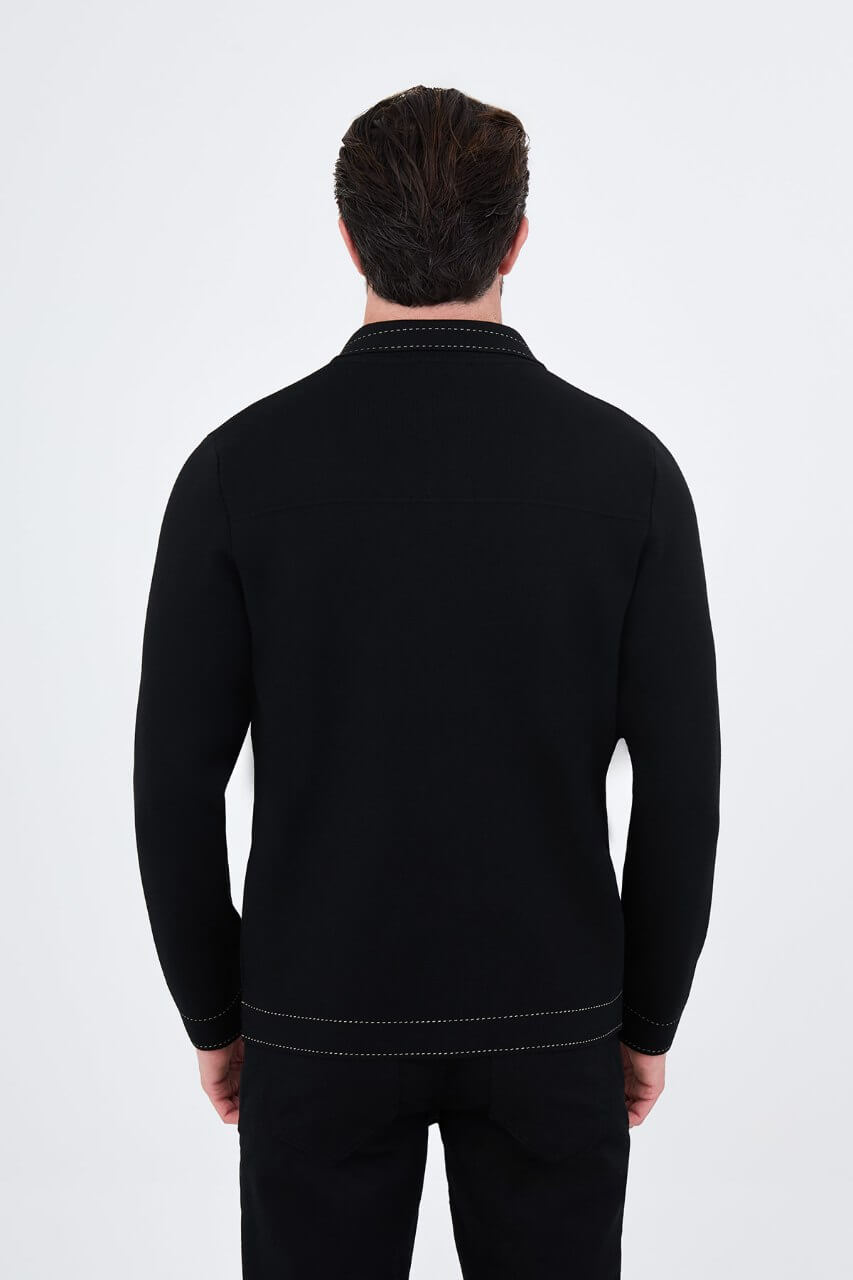 Men’s black cotton blend knit button-up cardigan with collar styled for fall winter fashion