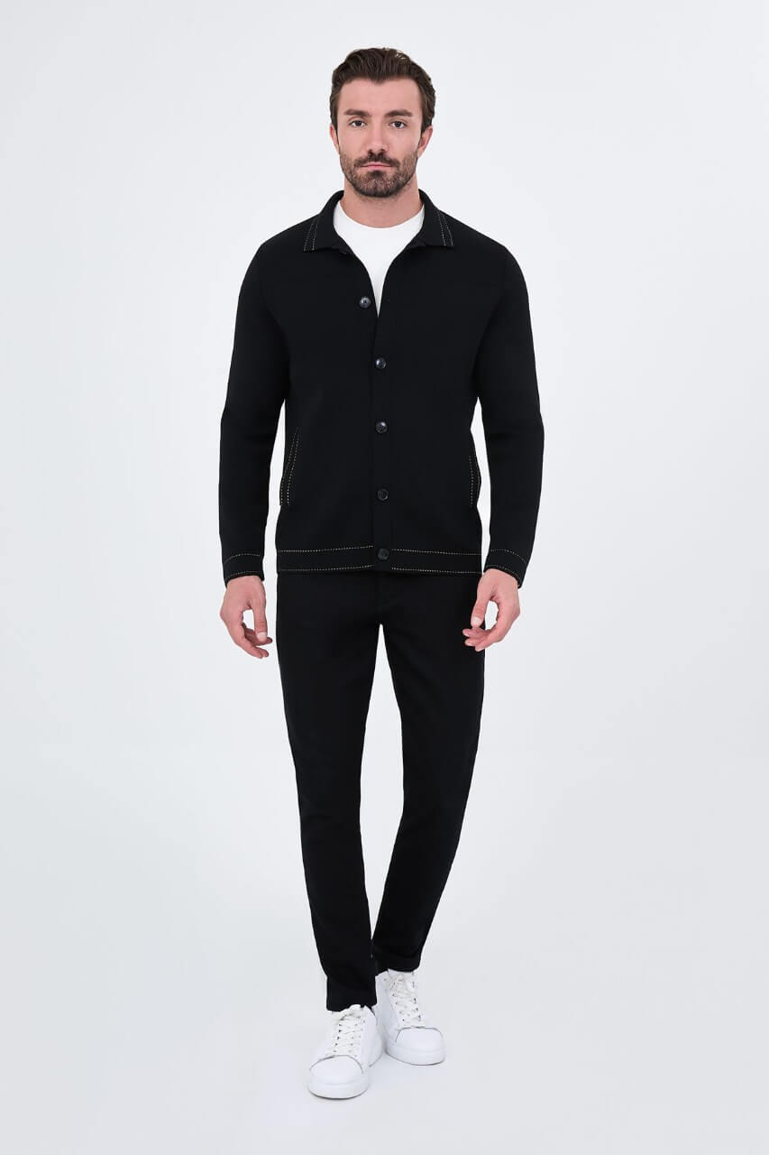 Men’s black cotton blend knit button-up cardigan with collar styled for fall winter fashion