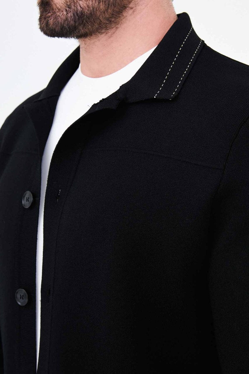 Men’s black cotton blend knit button-up cardigan with collar styled for fall winter fashion