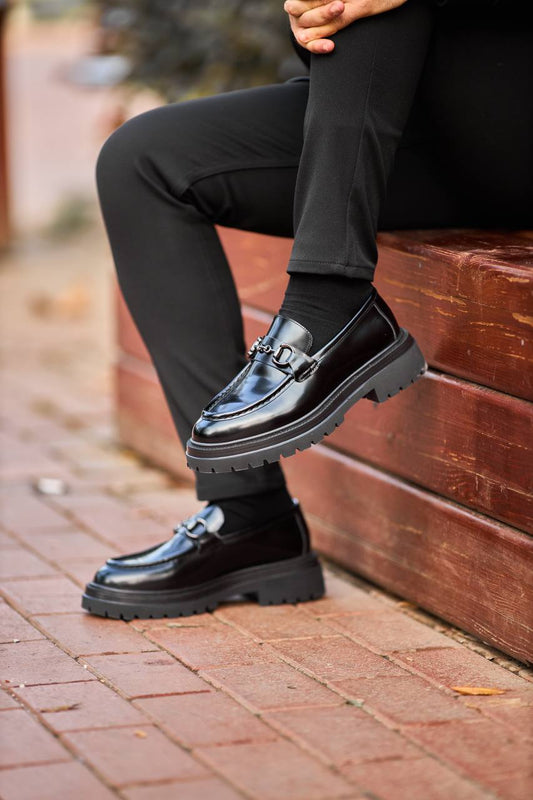 Men’s Black Leather Chunky Loafers – Winter Comfort EVA Sole