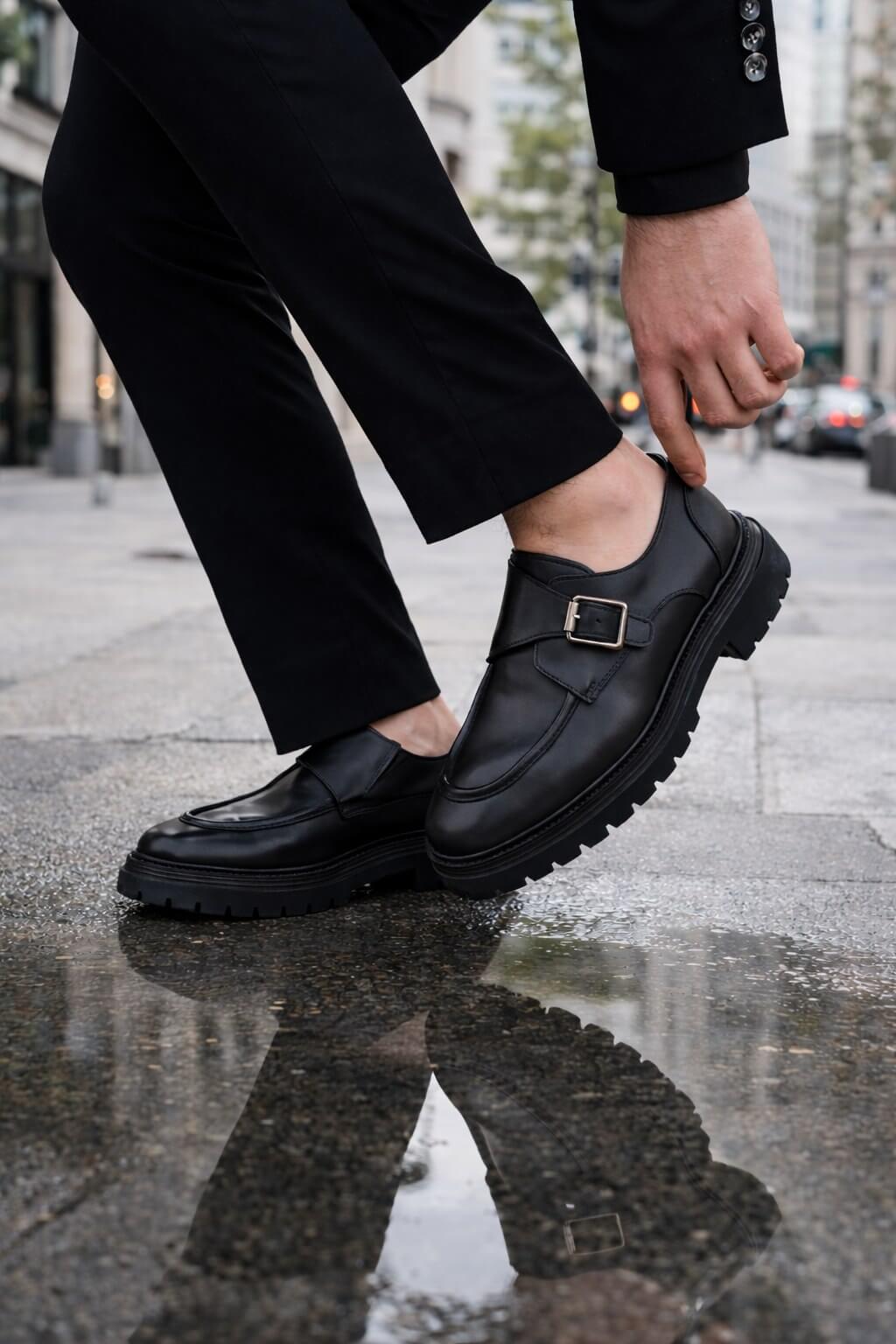 Black leather monk strap shoes with chunky EVA sole on city street