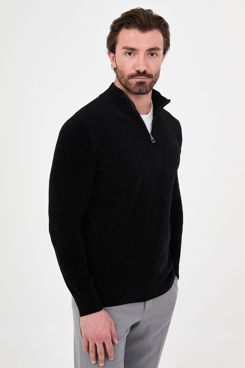 Men's black zip collar knit sweater with long sleeves for fall and winter smart casual outfits