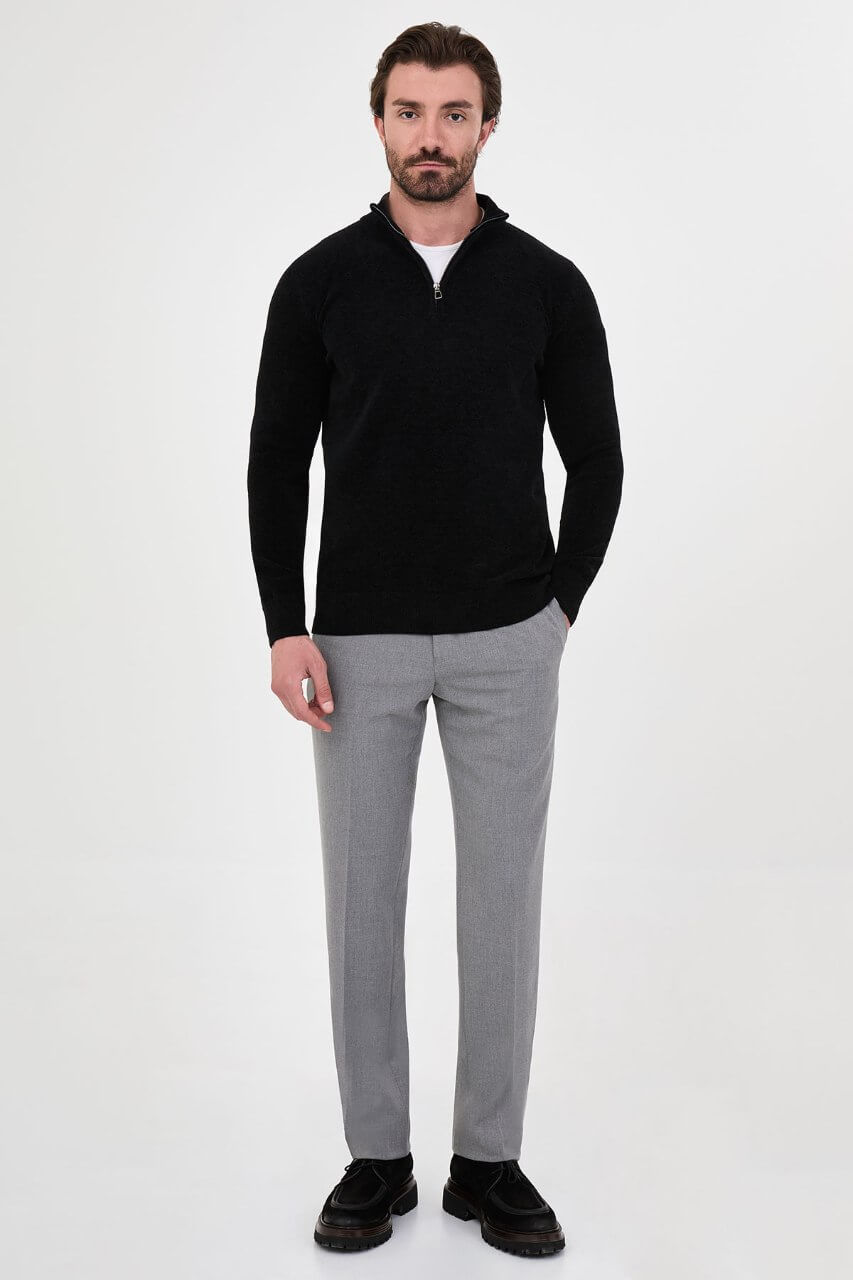 Men's black zip collar knit sweater with long sleeves for fall and winter smart casual outfits