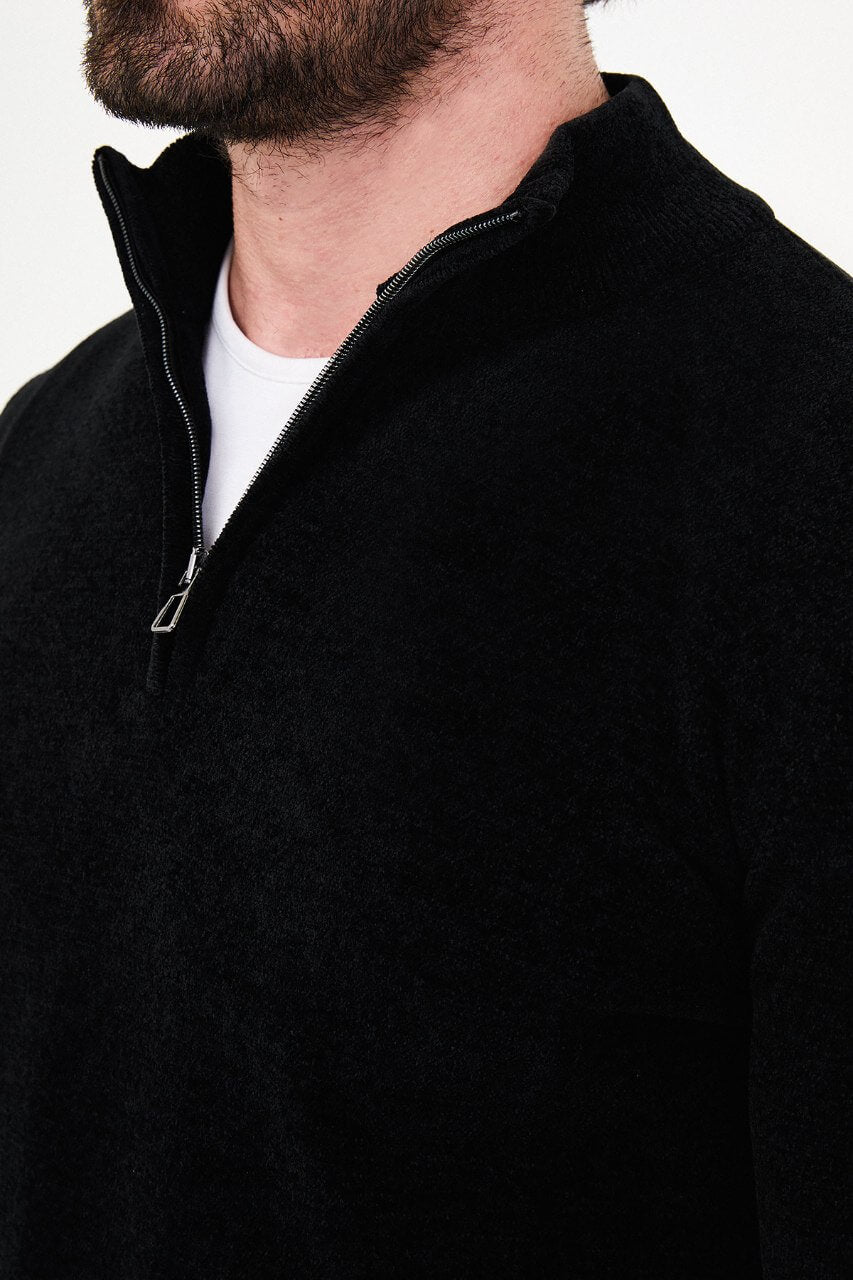 Men's black zip collar knit sweater with long sleeves for fall and winter smart casual outfits