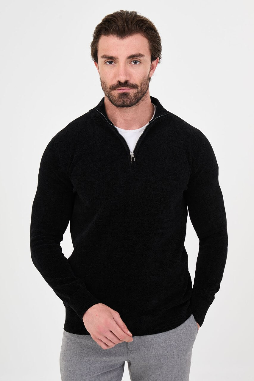 Men's black zip collar knit sweater with long sleeves for fall and winter smart casual outfits