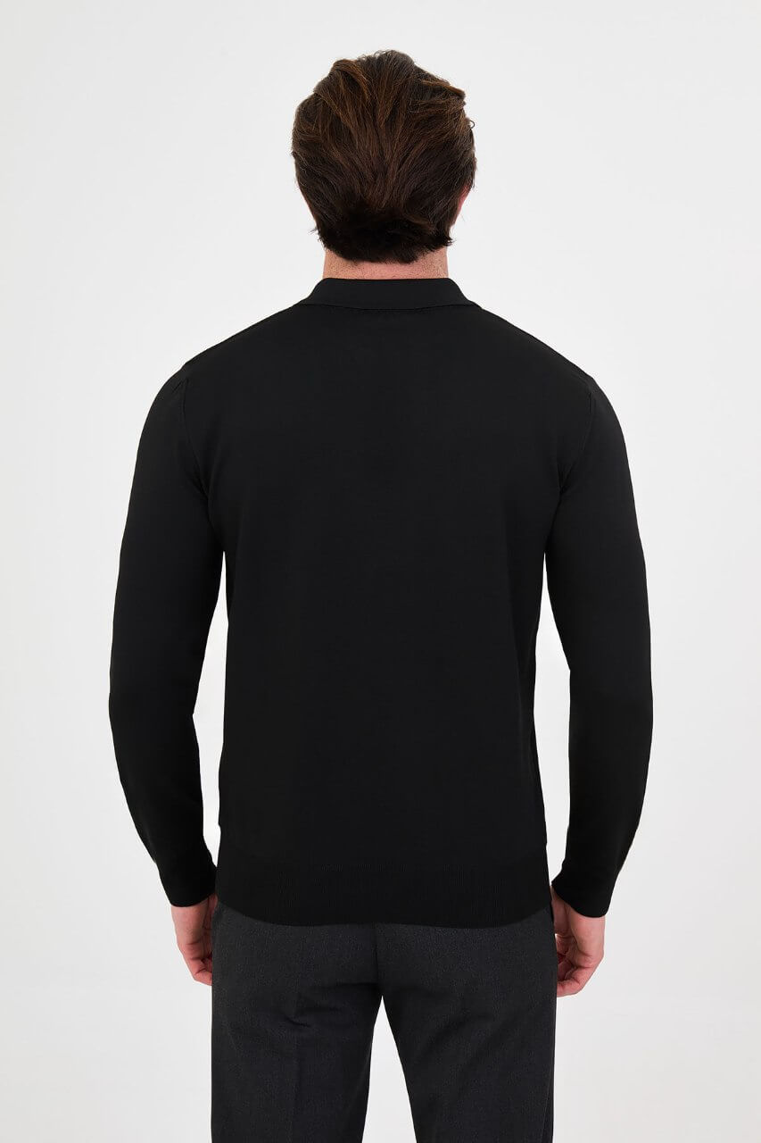 Men's black long-sleeve knit polo shirt with three-button placket by HolloMen.