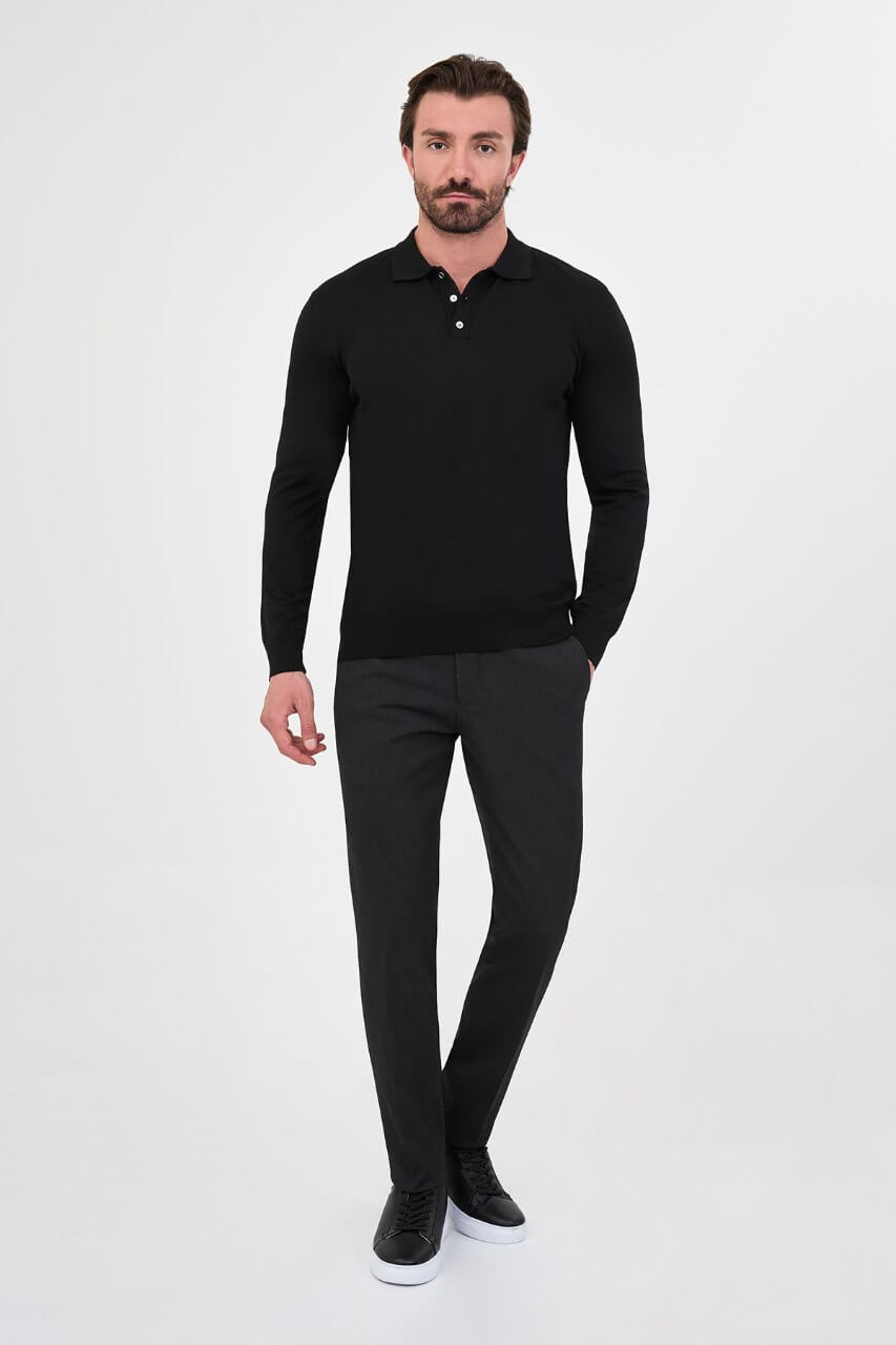 Men's black long-sleeve knit polo shirt with three-button placket by HolloMen.