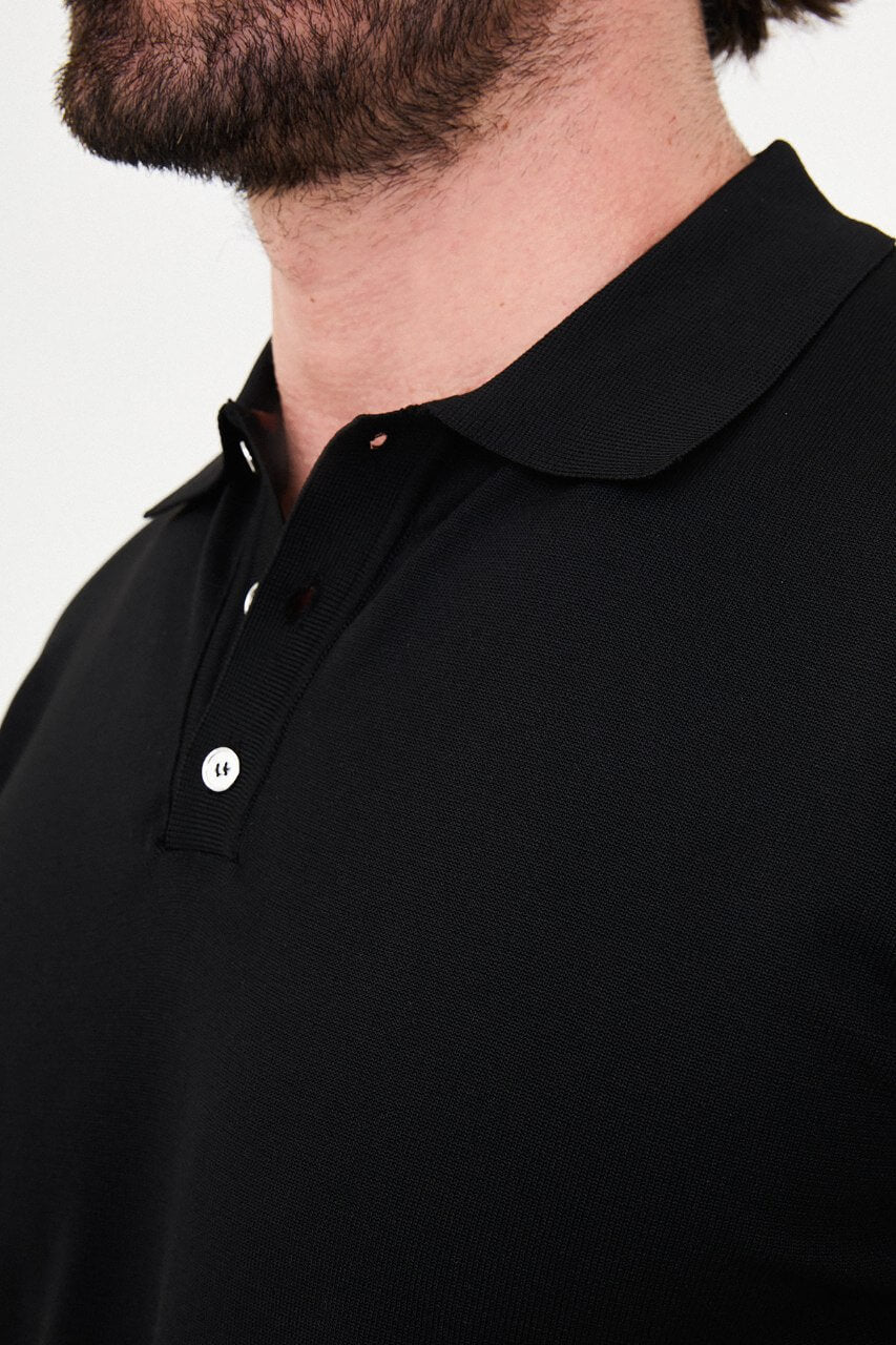 Men's black long-sleeve knit polo shirt with three-button placket by HolloMen.