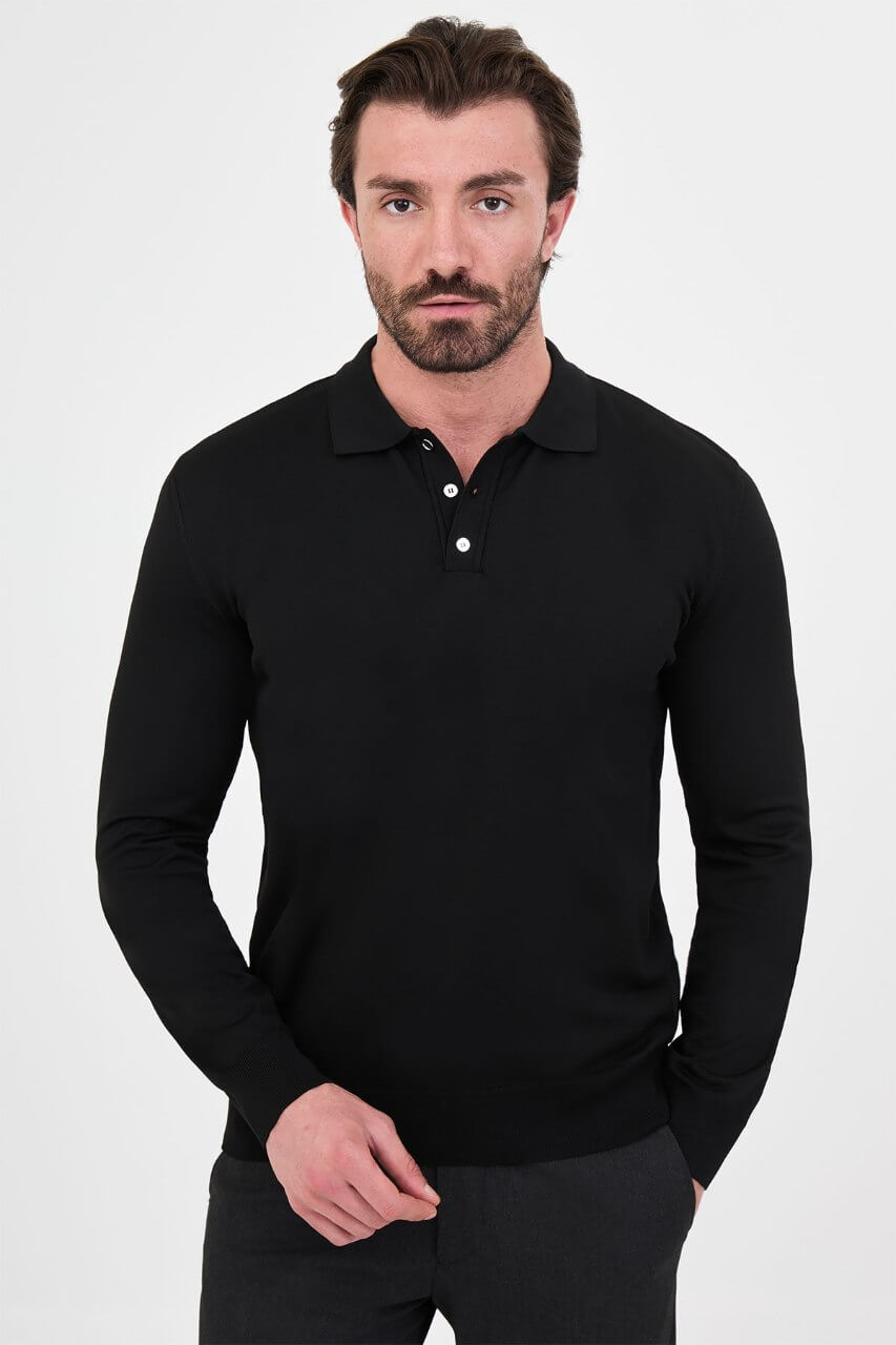 Men's black long-sleeve knit polo shirt with three-button placket by HolloMen.