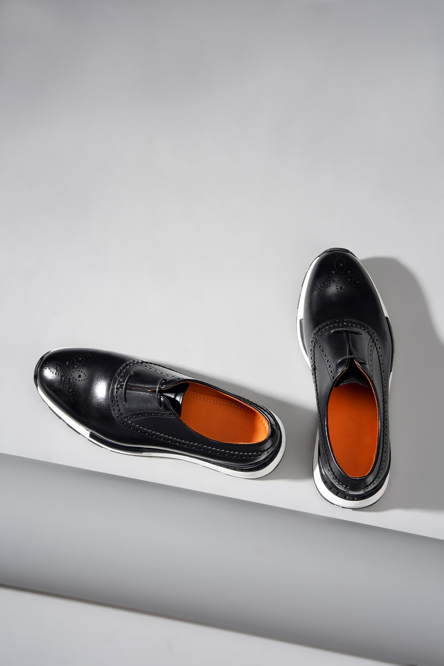 Black leather minimal lace brogue sneakers for men