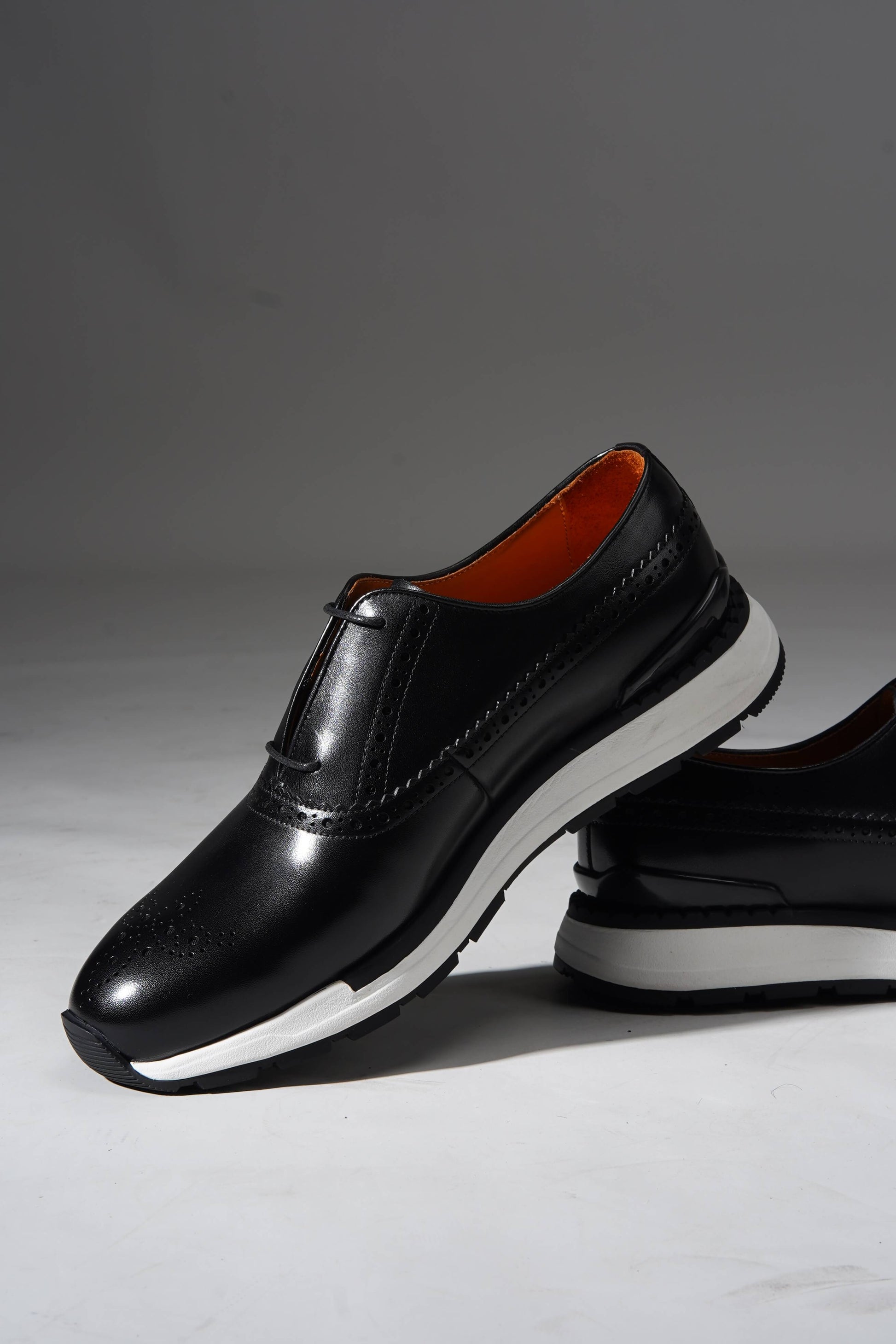 Black leather minimal lace brogue sneakers for men