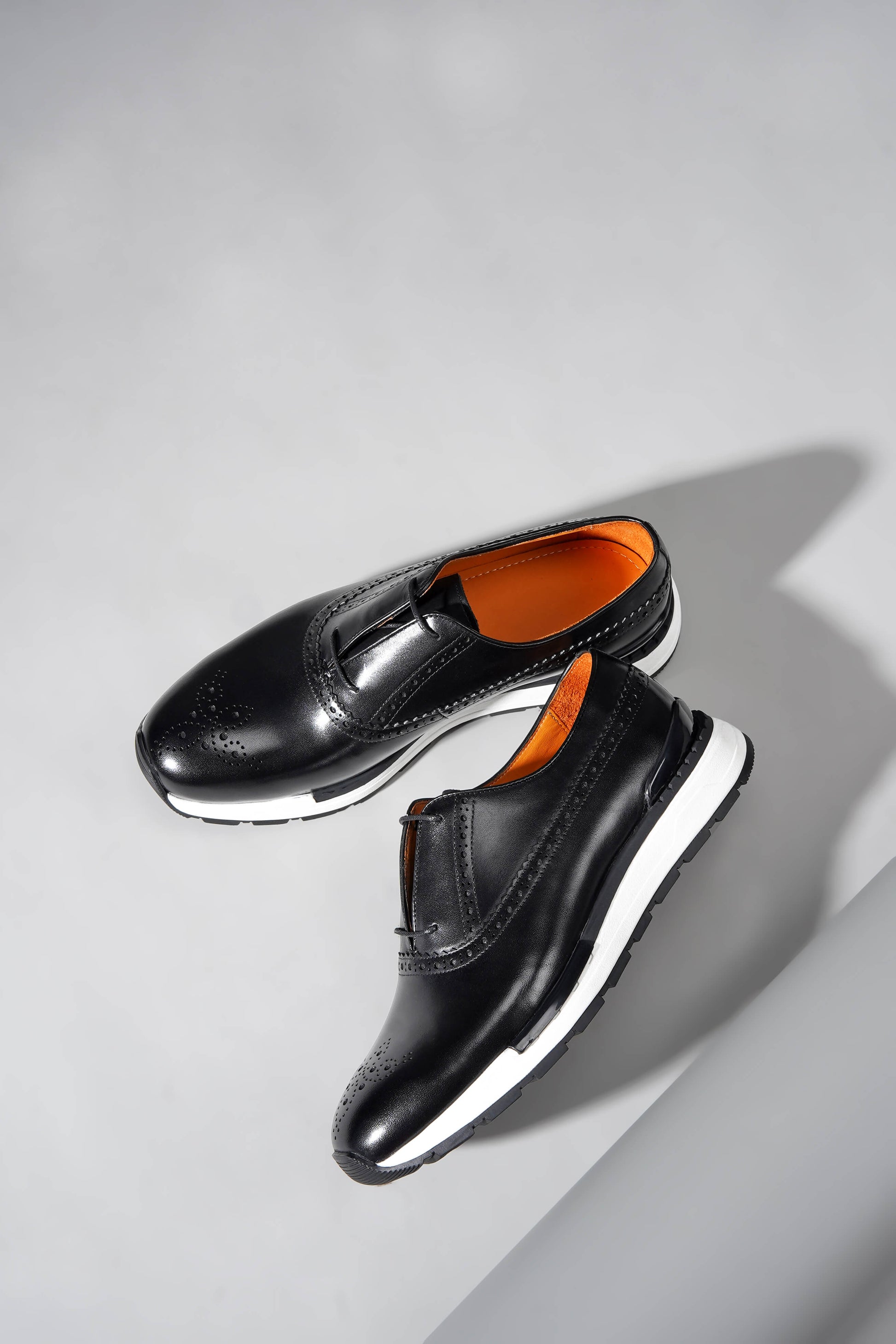 Black leather minimal lace brogue sneakers for men