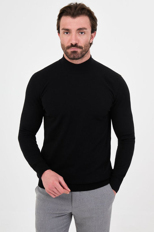Men's black cashmere blend mock neck knit sweater slim fit fall winter menswear
