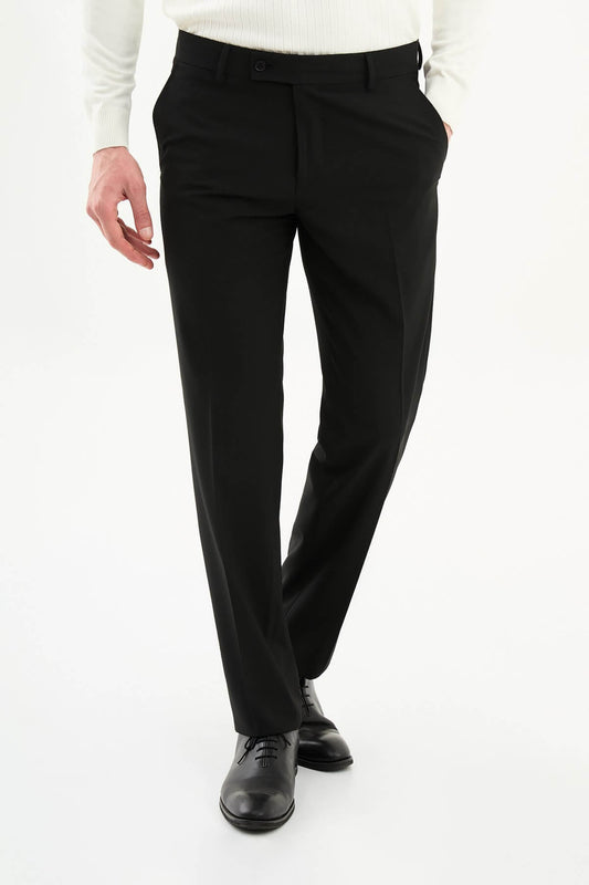 Men wearing black slim-fit formal trousers with black dress shoes, styled for professional and formal summer settings.