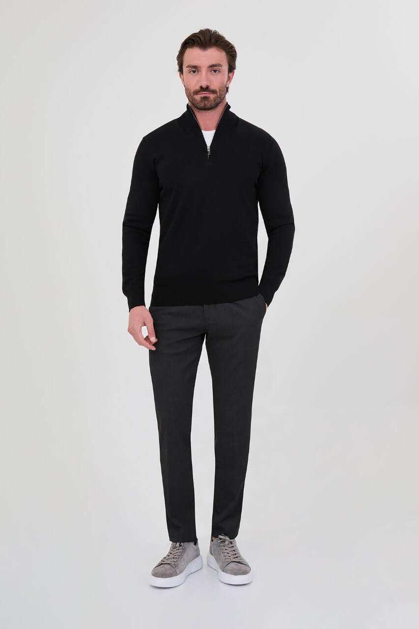 Men's black zip neck knit sweater slim fit cotton blend pullover for fall winter smart casual style