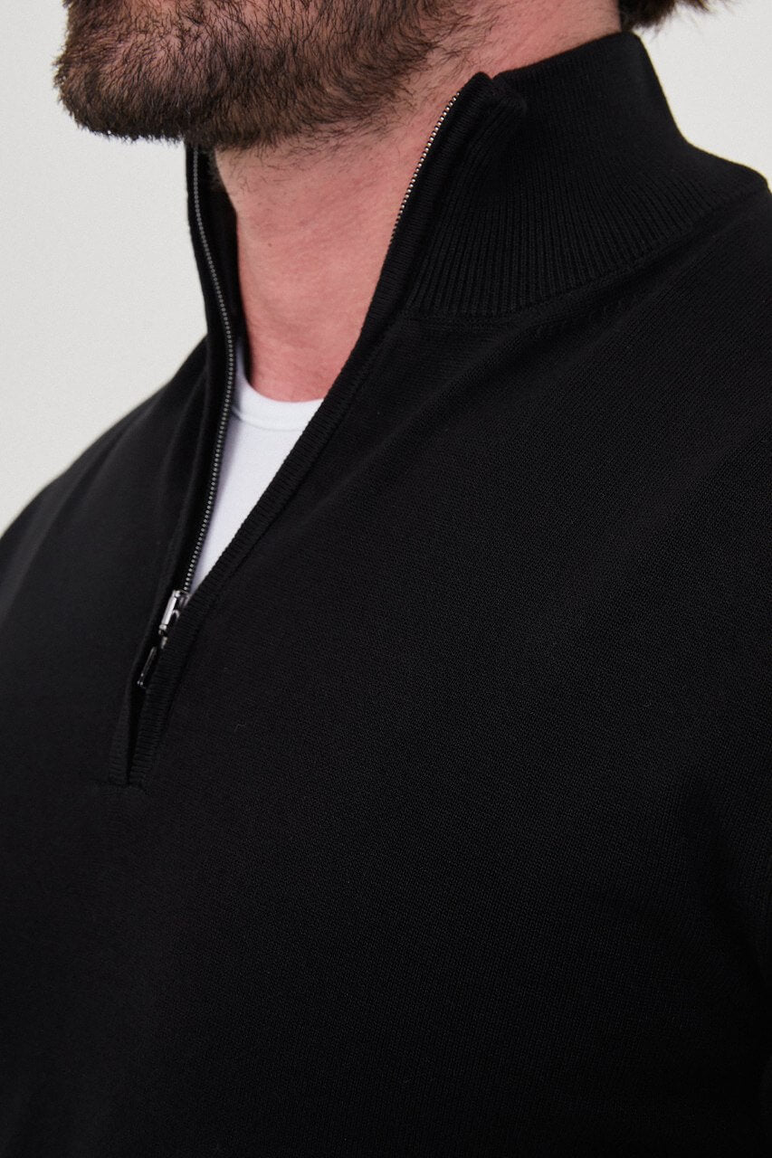 Men's black zip neck knit sweater slim fit cotton blend pullover for fall winter smart casual style