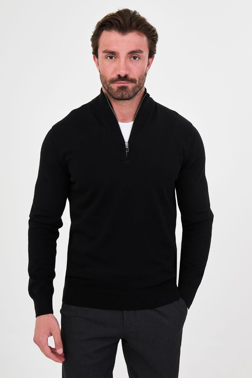 Men's black zip neck knit sweater slim fit cotton blend pullover for fall winter smart casual style