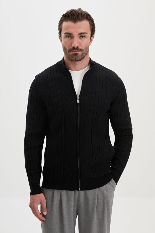 Men’s black ribbed knit full-zip mock neck sweater with cashmere cotton blend for fall winter layering
