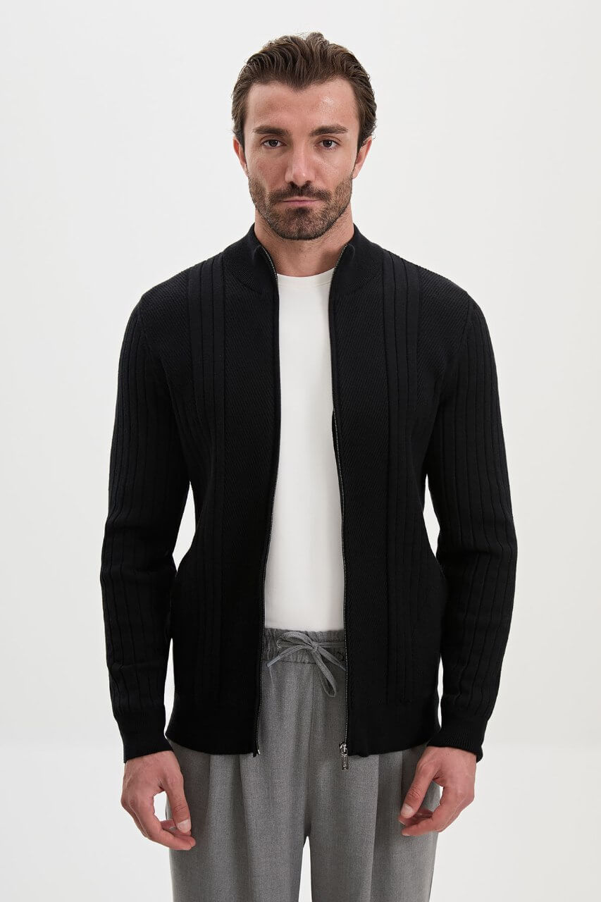 Men’s black ribbed knit full-zip mock neck sweater with cashmere cotton blend for fall winter layering