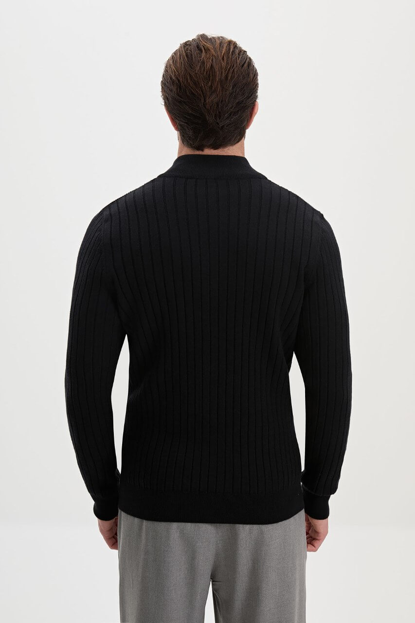 Men’s black ribbed knit full-zip mock neck sweater with cashmere cotton blend for fall winter layering