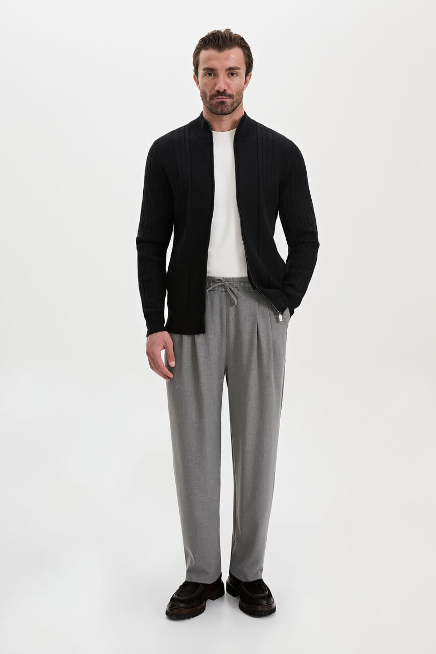 Men’s black ribbed knit full-zip mock neck sweater with cashmere cotton blend for fall winter layering