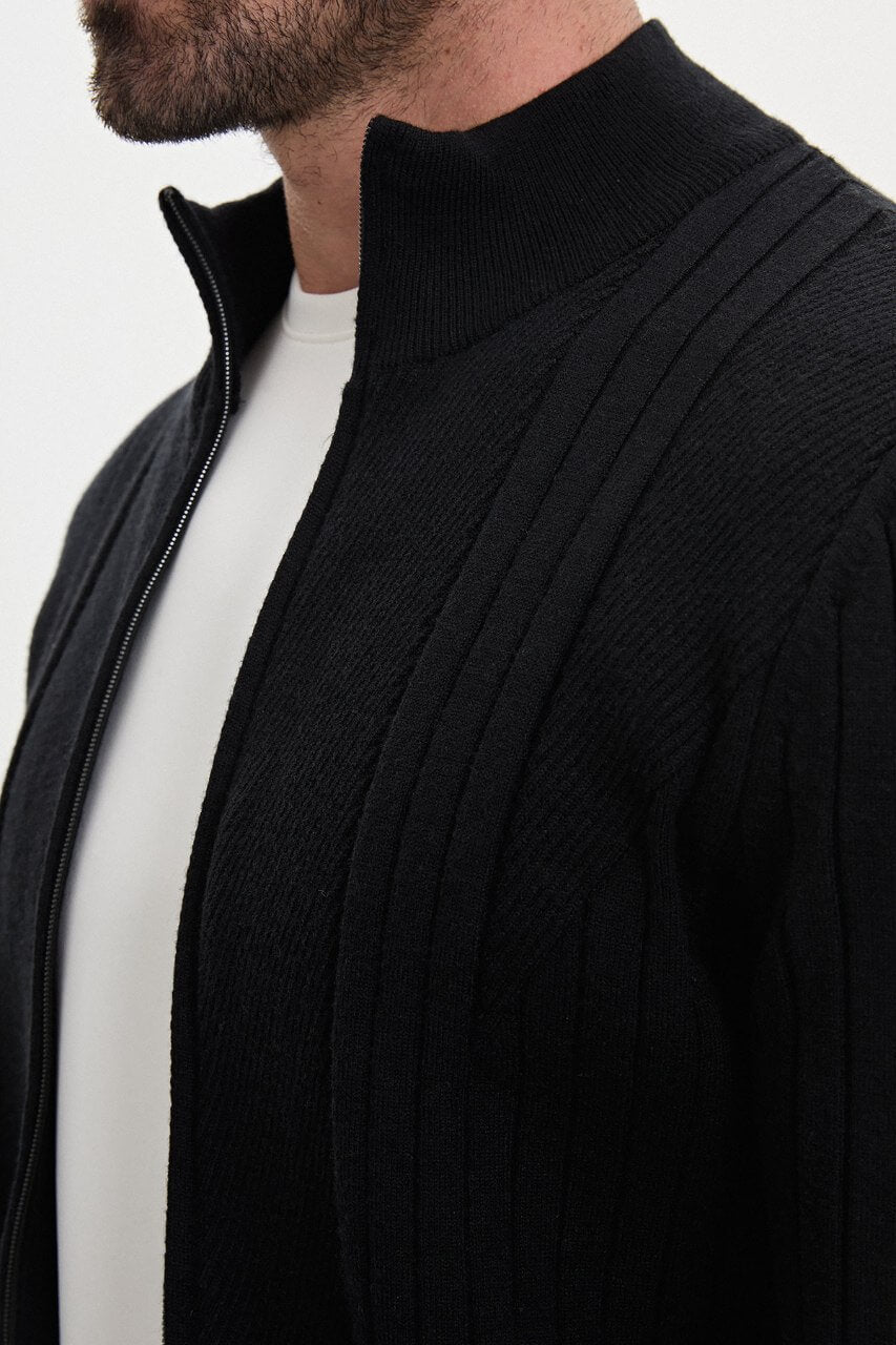 Men’s black ribbed knit full-zip mock neck sweater with cashmere cotton blend for fall winter layering