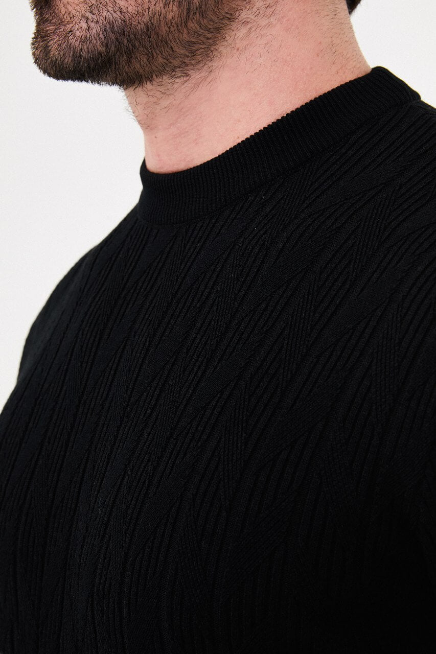 Men's black textured crew neck knit sweater for fall winter menswear.