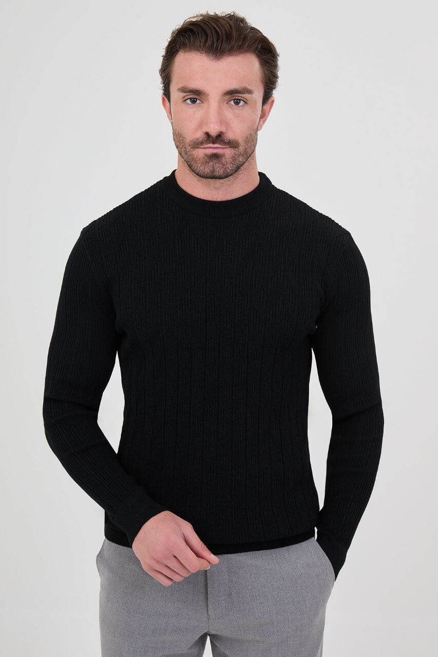 Men's black textured crew neck knit sweater for fall winter menswear.