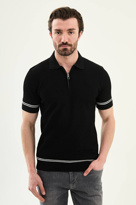 Man wearing a black slim-fit quarter-zip polo T-shirt, short sleeves, styled for summer casual wear, standing against a neutral background.