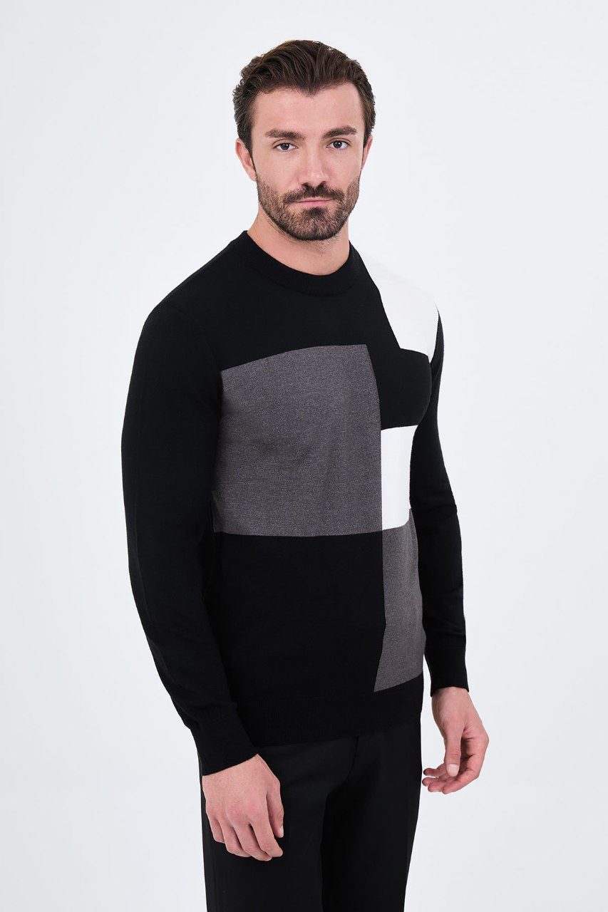 Men's black crew neck sweater with grey and white geometric colour-block panels.
