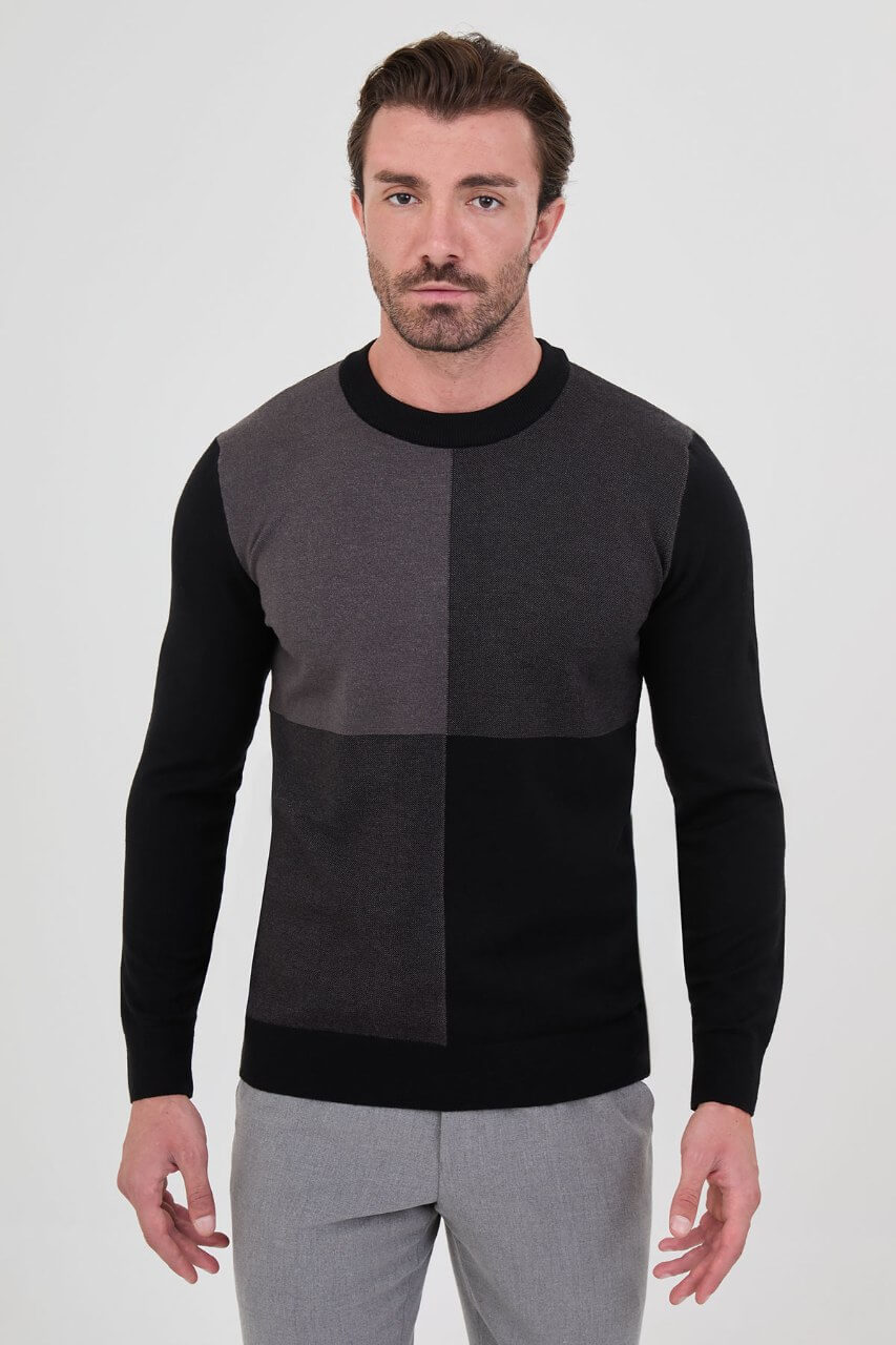 Men's black and anthracite grey colour-block cashmere crew neck sweater.