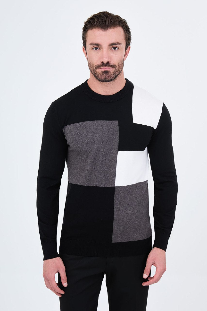Men's black crew neck sweater with grey and white geometric colour-block panels.