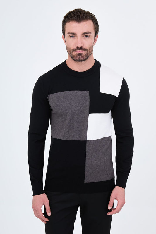 Men's black crew neck sweater with grey and white geometric colour-block panels.