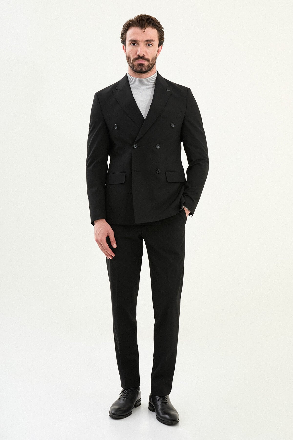 Men's Black Slim Fit Mono Collar Wool Men's Suit.