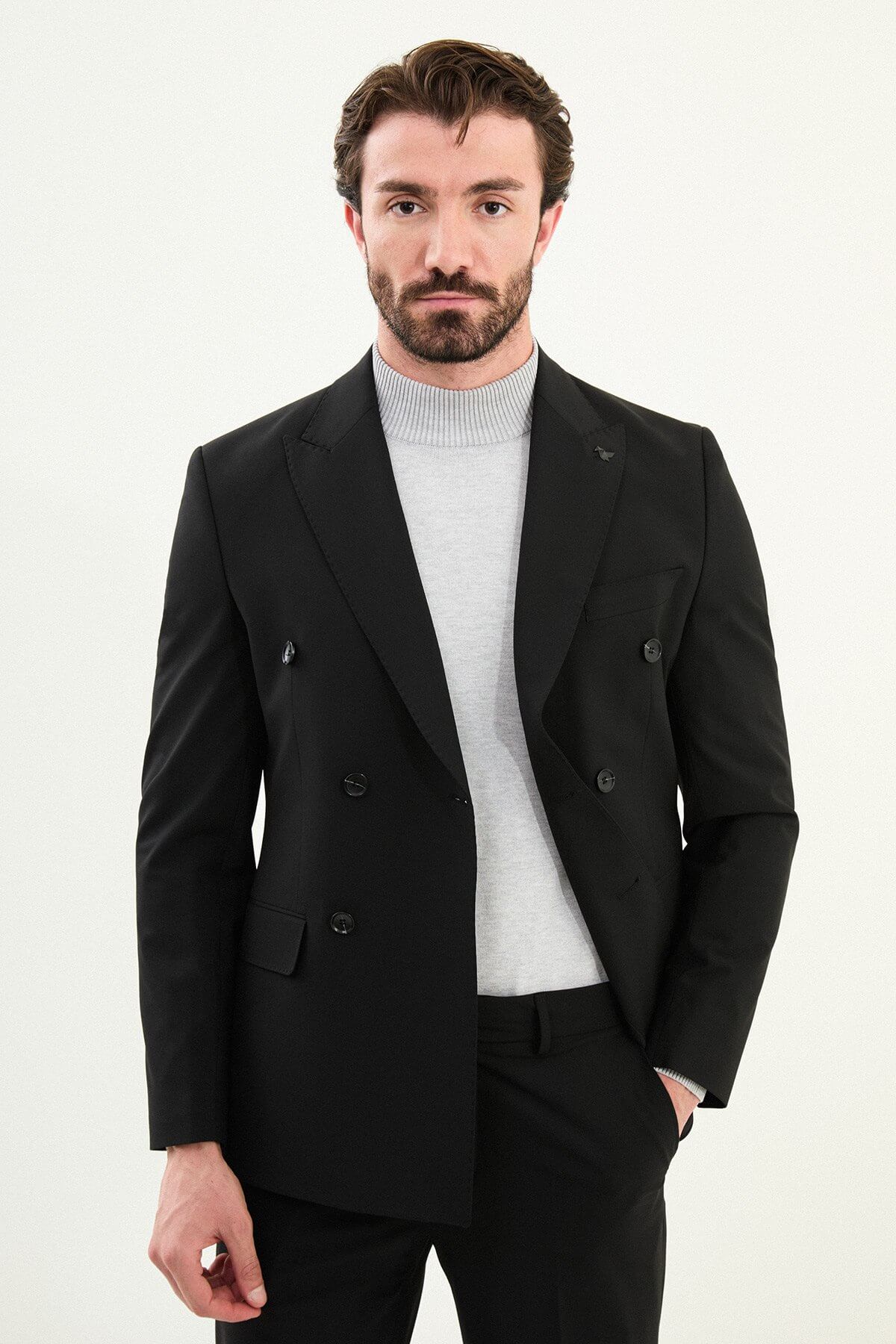 Men's Black Slim Fit Mono Collar Wool Men's Suit.