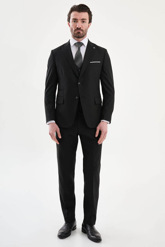 Black 3 piece slim fit suit with matching waistcoat, white shirt and black tie, front view
