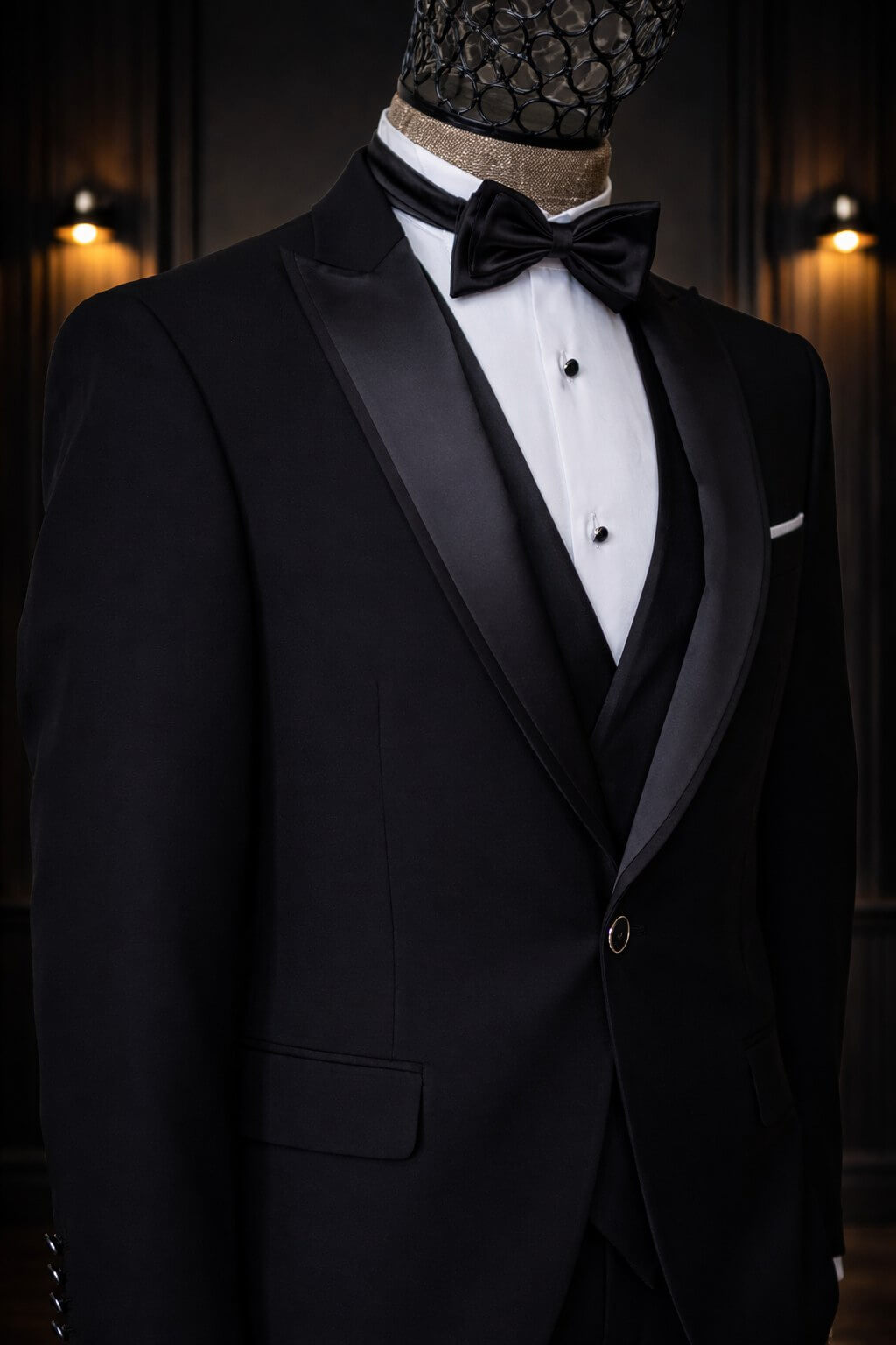 Black slim fit tuxedo with satin shawl lapel and black bow tie detail