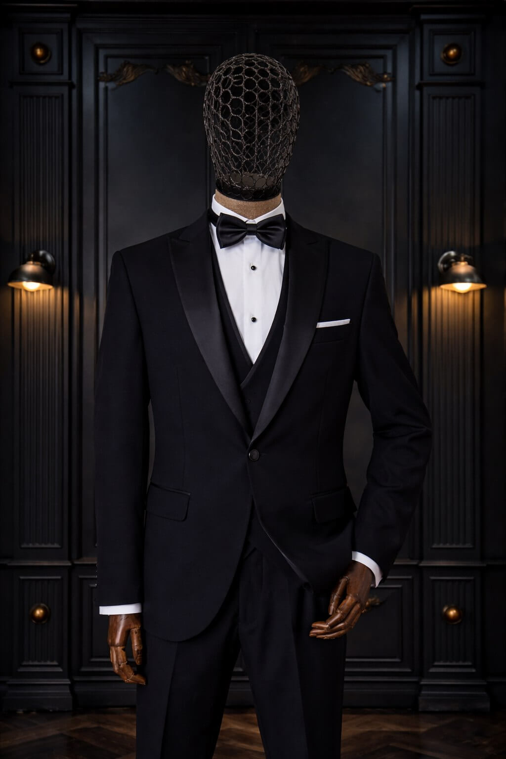 Black slim fit tuxedo with satin shawl lapel and black bow tie detail