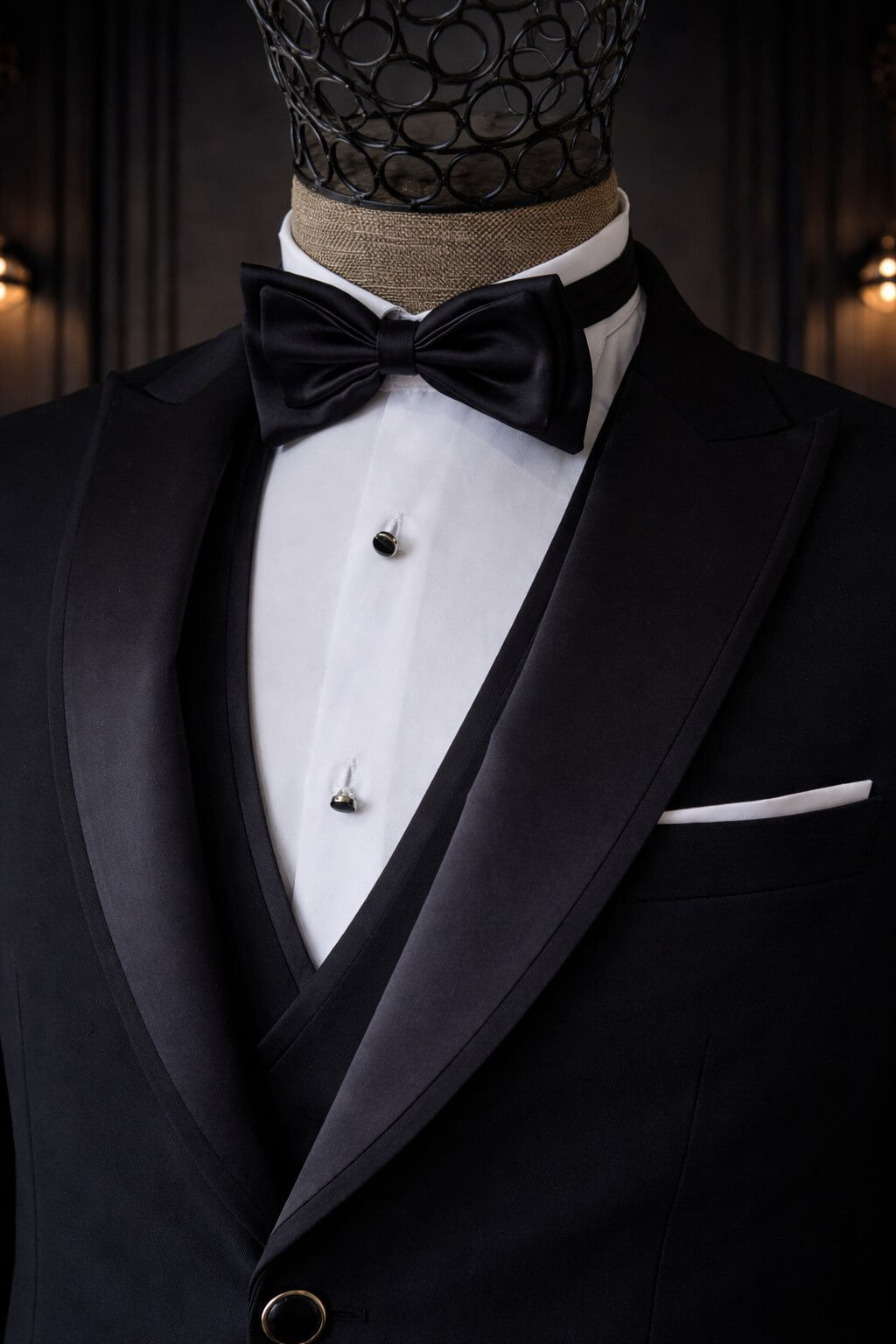 Black slim fit tuxedo with satin shawl lapel and black bow tie detail