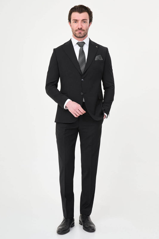 Men's Black Slim Fit Wide Collar Premium Wool Suit, featuring slim-fit tailored jacket, white dress shirt, patterned black tie, and pocket square.