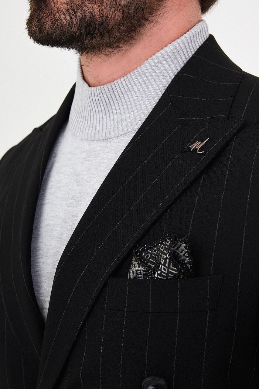 HolloMen men's black pinstripe double-breasted suit with peak lapels, six-button jacket, flap pockets, and patterned pocket square.