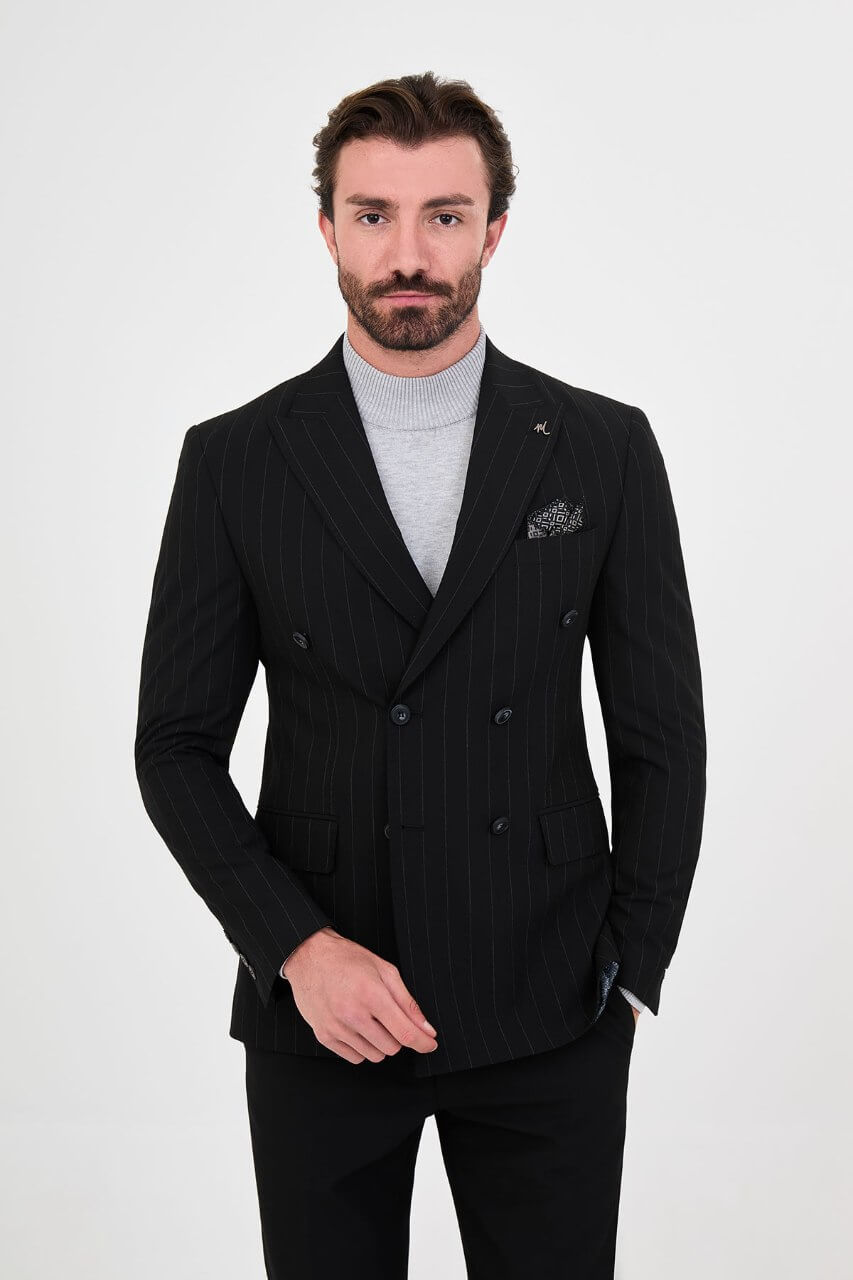 HolloMen men's black pinstripe double-breasted suit with peak lapels, six-button jacket, flap pockets, and patterned pocket square.